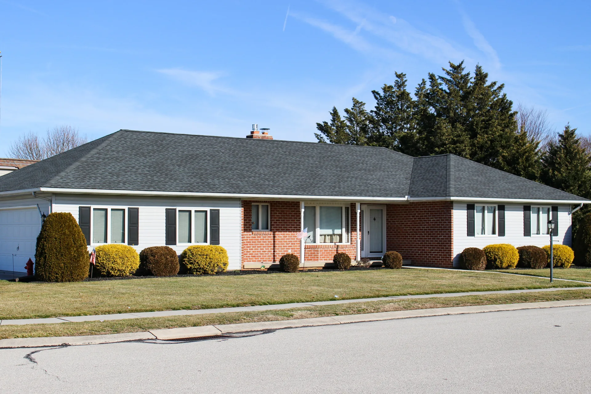 Completed roof on a brick ranch home in York County, PA by Cool Water Roofing